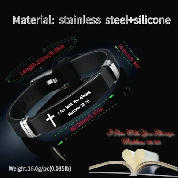 Black Silicone Scripture Bracelet Adjustable Unisex - Picture 5 of 8